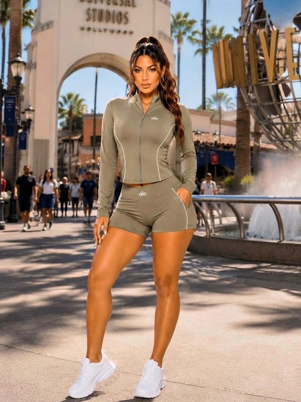 2 pc set  Women's Athletic Jacket Shorts Set in olive green sizes are together L